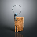 Handcrafted Wooden Comb Shaped Carving With Intricate Metal Hook And Textured Surface Design