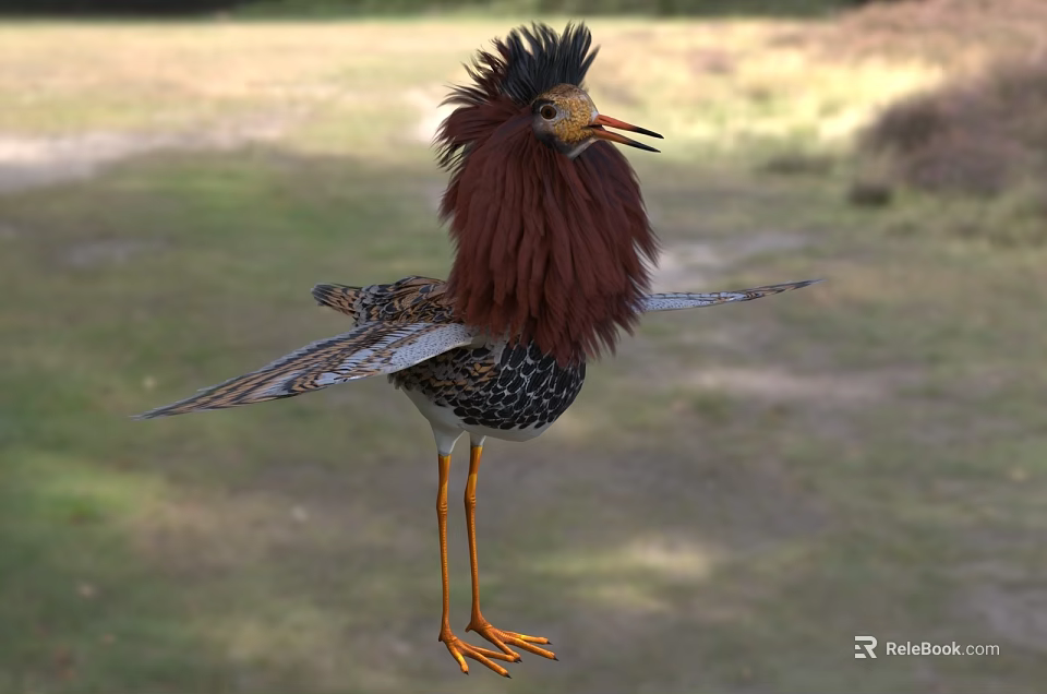 Stuffed Bird with Brown Feathers Crested Head Orange Beak Legs Spread Wings on Grassy Field 3d model 