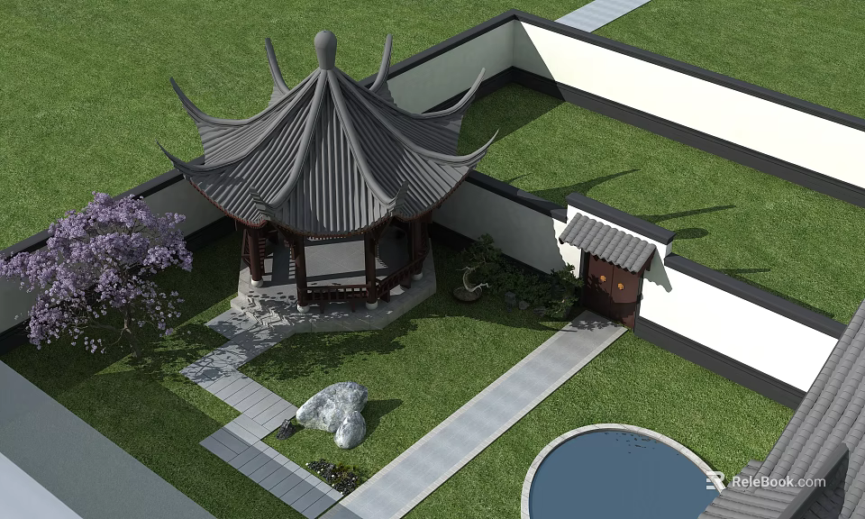Traditional Chinese Courtyard With Classic Pavilion Lawn And Stone Path Decorative Rock And Circular Pond 3d model 