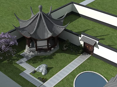 Traditional Chinese Courtyard With Classic Pavilion Lawn And Stone Path Decorative Rock And Circular Pond 3d model