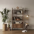 Wooden Bookshelf With Books Decorative Items Palm Plant Wall Lamp And Fruit Bowl