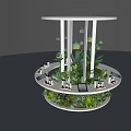Elegant Circular Plant Display With Hanging Glass Orbs White Columns And Layered Greenery