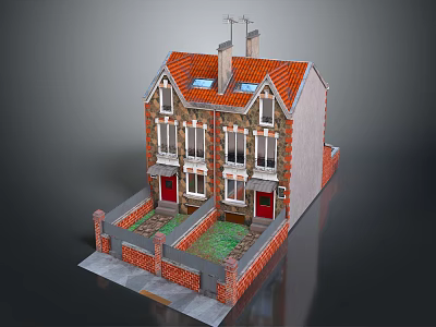 Semi Detached Villa With Red Roof Brick Exterior Two Doors And Front Garden 3d model