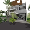 Modern Detached Villa Exterior With Palm Trees Brick Driveway Garage And Greenery