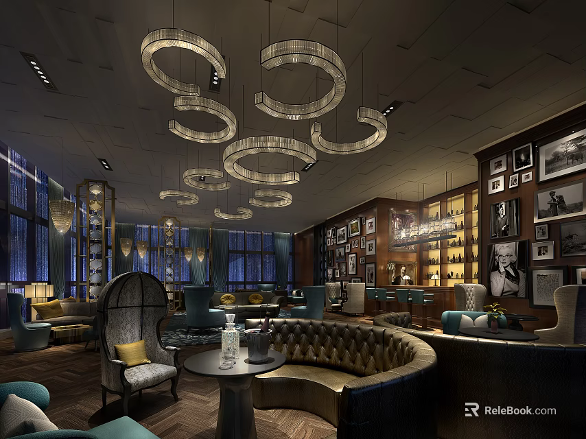 Modern Café Interior With Circular Hanging Chandeliers Comfortable Seating And Artwork 3d model 