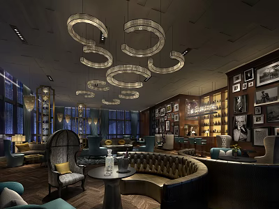Modern Café Interior With Circular Hanging Chandeliers Comfortable Seating And Artwork 3d model