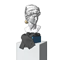 Decorative Ornament Set With White Sculpted Head Blue Box Black Ribbon On White Cube Base