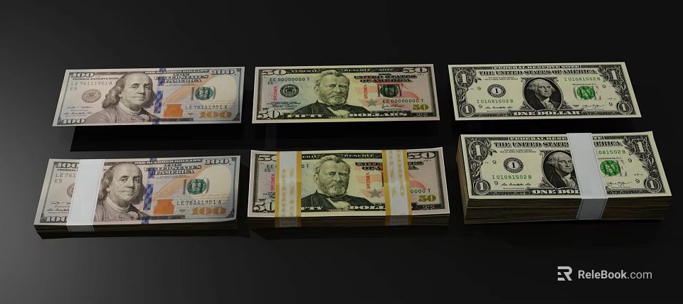 Decorative Ornament Set Featuring US Dollar Bills with Various Denominations Single and Bundled Stacks 3d model 