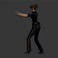 Full Length Portrait Of Woman In Police Uniform Holding Gun In Shooting Stance
