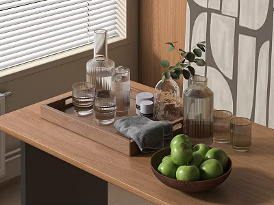 Fresh Green Apples in Wooden Bowl on Wooden Table with Glass Cups and Plant 3d model