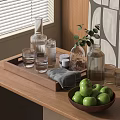Fresh Green Apples in Wooden Bowl on Wooden Table with Glass Cups and Plant