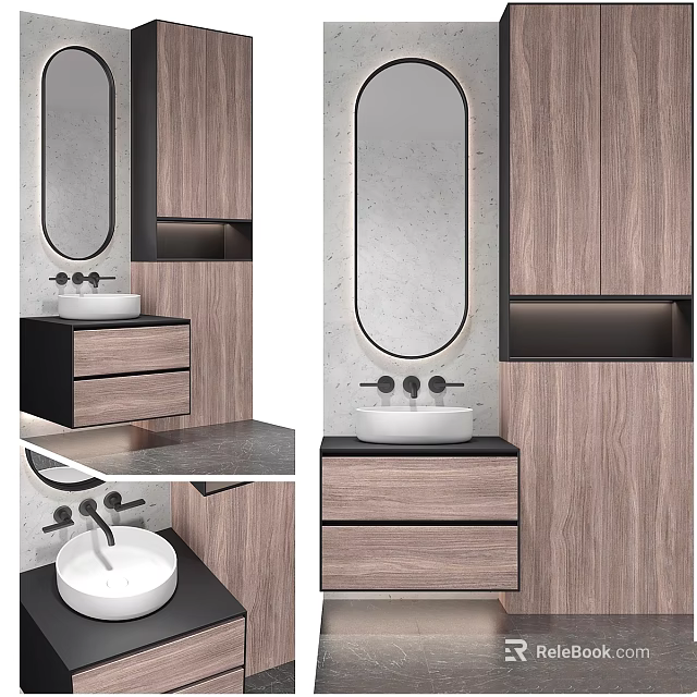 Modern Washbasin Vanity With Wooden Cabinets Oval Mirror And Drawer Design 3d model 