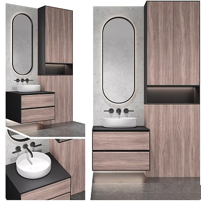Modern Washbasin Vanity With Wooden Cabinets Oval Mirror And Drawer Design 3d model
