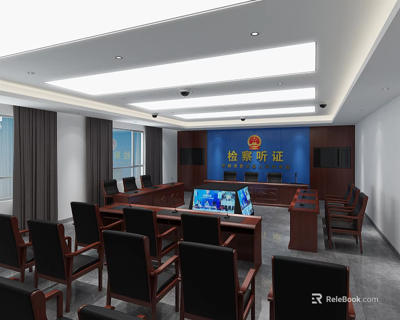 Court Hearing Room Interior With Blue Procuratorate Backdrop Tables Chairs And Display Screens 3d model 
