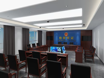 Court Hearing Room Interior With Blue Procuratorate Backdrop Tables Chairs And Display Screens 3d model