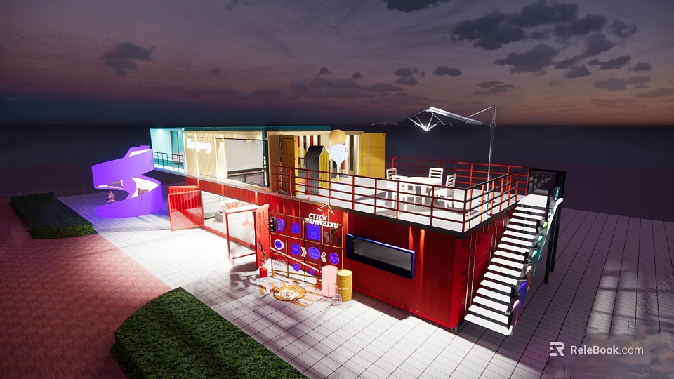 Converted Shipping Container Structure With Terrace Staircase Outdoor Seating And Sunset Sky 3d model