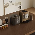 Wooden Kitchen Counter With Coffee Maker Spice Jars And Small Appliances