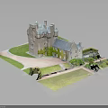 Historic Castle Architecture With Stone Towers Green Lawn Path And Garden Design