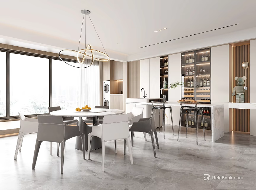 Modern Restaurant Interior With Large Windows Pendant Light Dining Table And Wine Cabinet 3d model