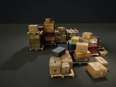 Neatly Stacked Various Wooden And Cardboard Boxes On Pallets In Storage Space 3d model