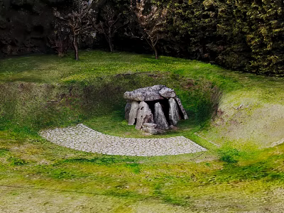 Natural Stone Structure in Circular Sunken Grassland with Trees and Pebble Ground 3d model