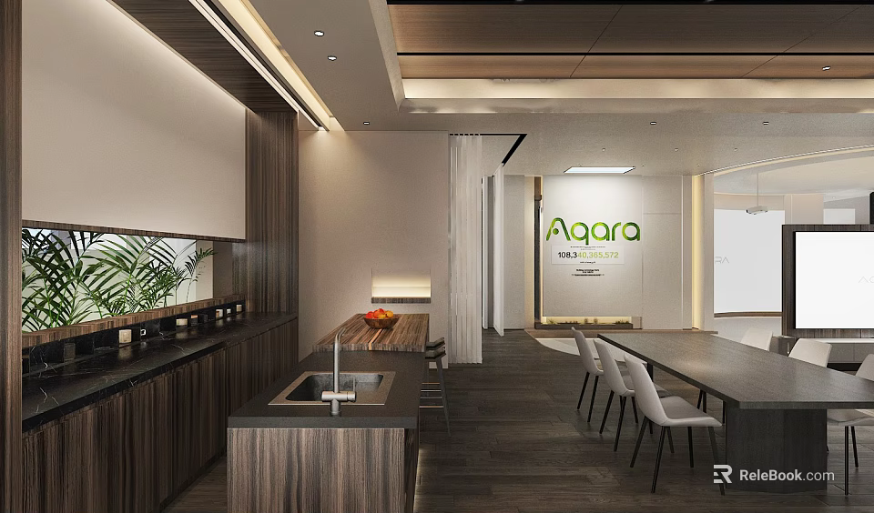 Aqora Modern Interior Design With Wooden Cabinets Island Sink Dining Table Chairs And Plant 3d model 