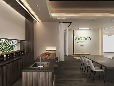 Aqora Modern Interior Design With Wooden Cabinets Island Sink Dining Table Chairs And Plant 3d model