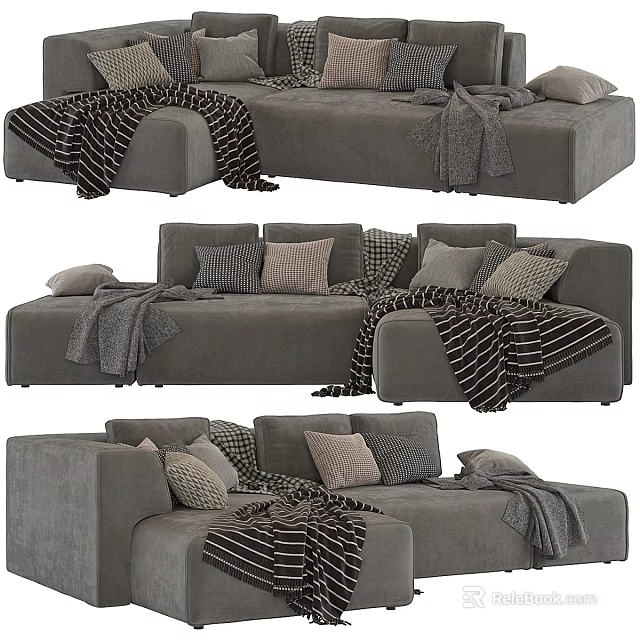 Modern Gray Sofa with Pillows and Striped Blankets in Cozy Interior 3d model
