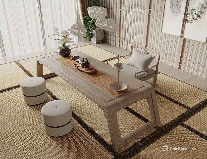 Traditional Wooden Tea Table And Chairs In Tatami Room With Cushions Tea Set And Plant 3d model 