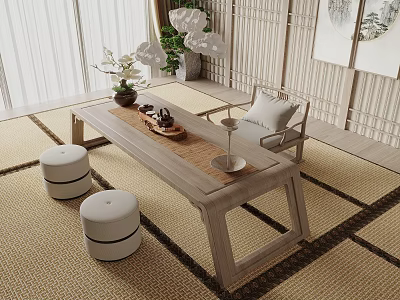Traditional Wooden Tea Table And Chairs In Tatami Room With Cushions Tea Set And Plant 3d model