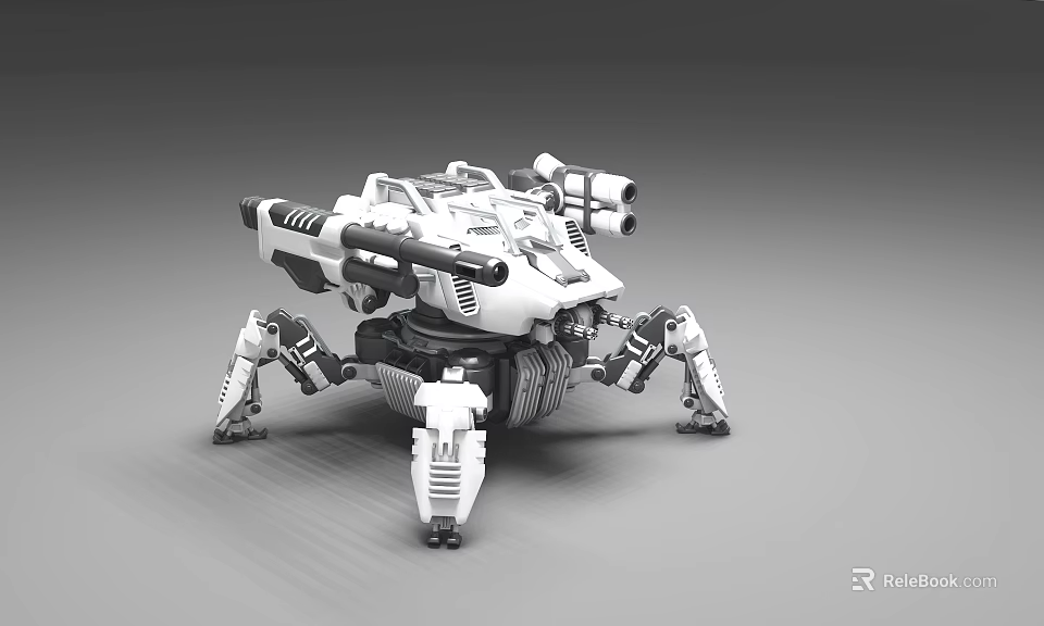 Intelligent Machine With Multiple Mechanical Legs White Black Cannons And Futuristic Design 3d model 