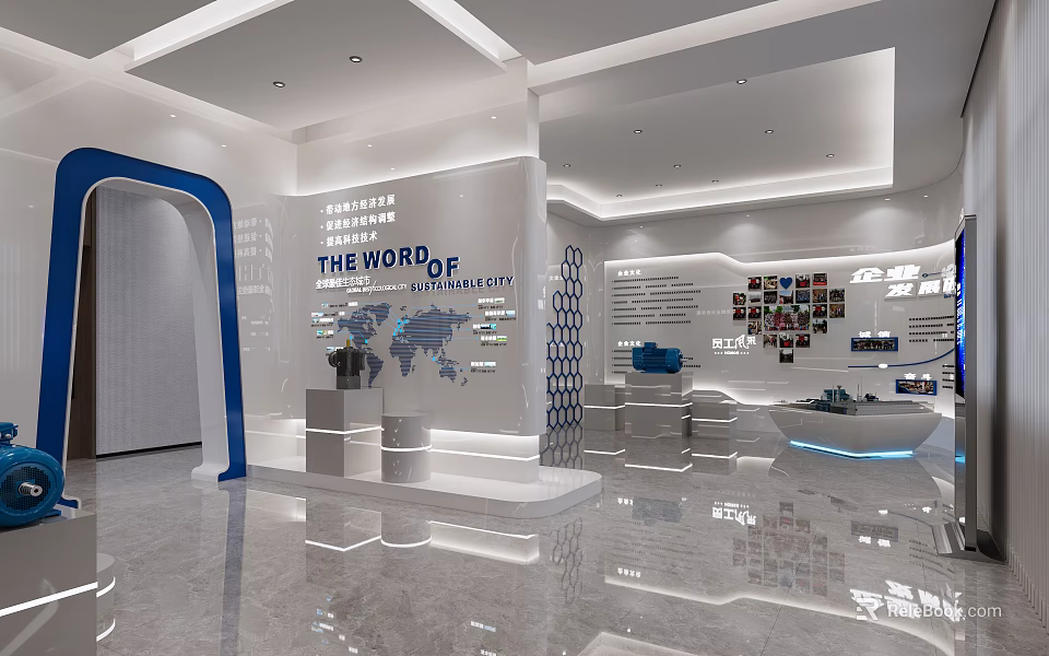 Modern Exhibition Hall Interior With The World Of Display And Photo Wall Design 3d model 