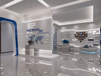 Modern Exhibition Hall Interior With The World Of Display And Photo Wall Design 3d model