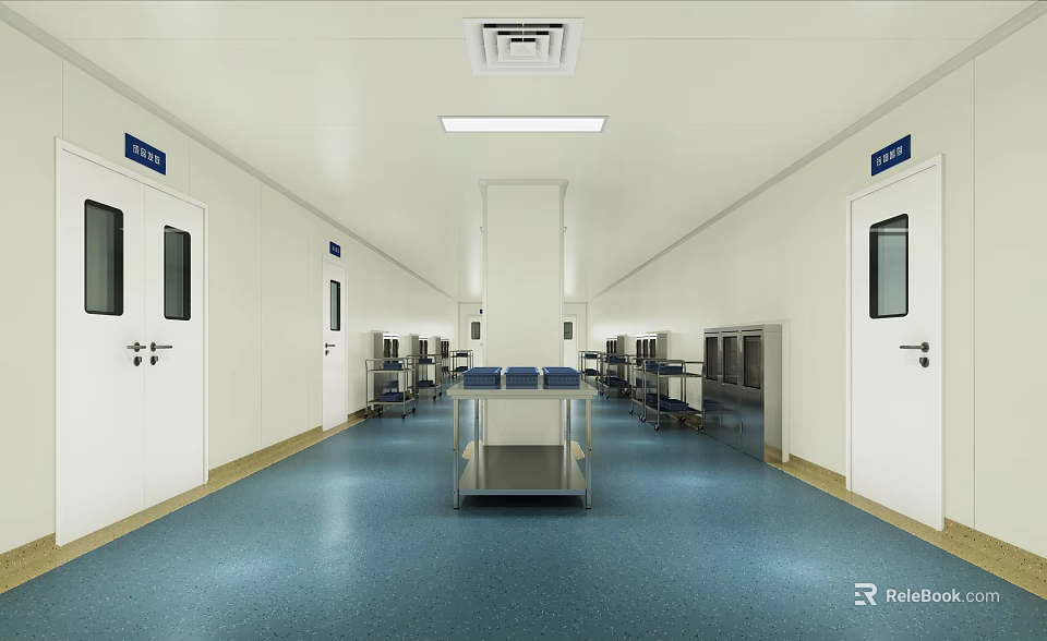 Cleanroom Interior With White Walls Blue Flooring Metal Workbench And Storage Cabinets 3d model 