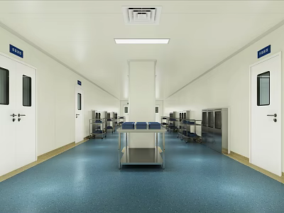 Cleanroom Interior With White Walls Blue Flooring Metal Workbench And Storage Cabinets 3d model