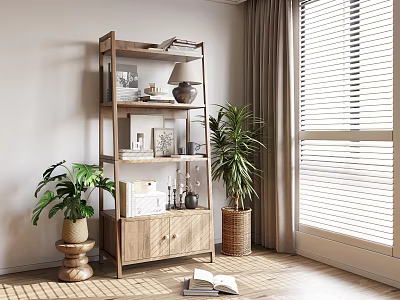 Multi Tiered Wooden Flower Stand With Green Plants And Decor In Bright Indoor Space With Natural Light 3d model