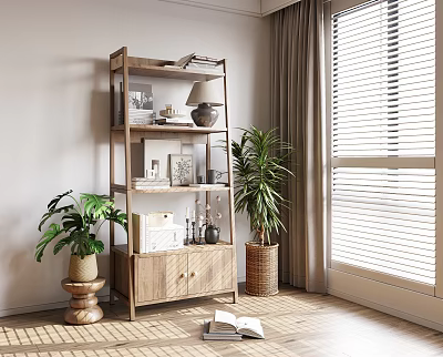 Multi Tiered Wooden Flower Stand With Green Plants And Decor In Bright Indoor Space With Natural Light 3d model