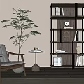 Cozy Leisure Chair In Living Space With Tall Bookshelf Green Plant And Side Table
