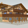 Two Story Wooden Detached Villa With Balcony And Grassland Near Mountains