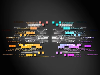 Colorful Lines Connecting Modules In Technical Flow Diagram With Blocks And Sections 3d model
