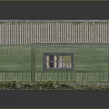 Green Wooden House With Metal Roof Windows Door And Surface Reflection