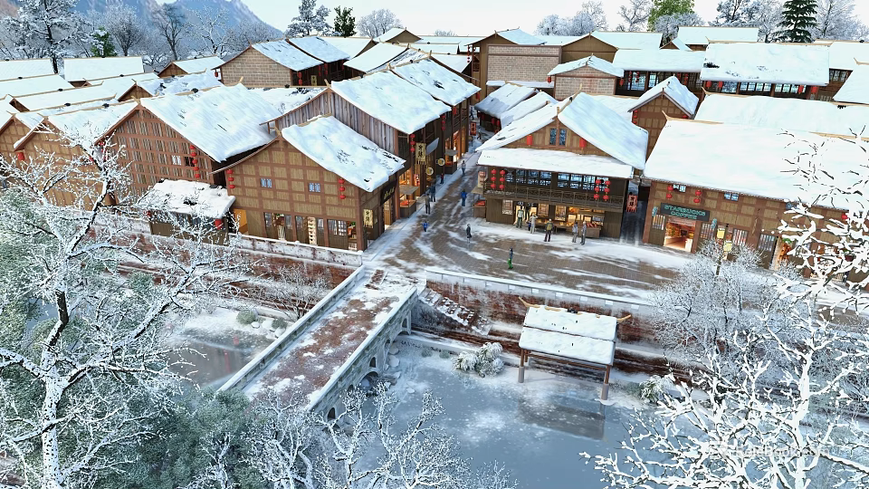 Winter Scenery Of Snow Covered Traditional Wooden Houses Village With Small Bridge River And Trees 3d model 