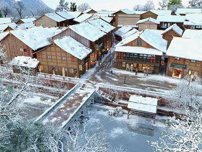 Winter Scenery Of Snow Covered Traditional Wooden Houses Village With Small Bridge River And Trees 3d model