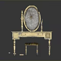 Vintage Distressed Wood Dressing Table With Mirror Drawer And Checkered Stool