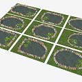 Multiple Water Ponds With Stone Edges And Aquatic Plants Arranged On Green Lawn