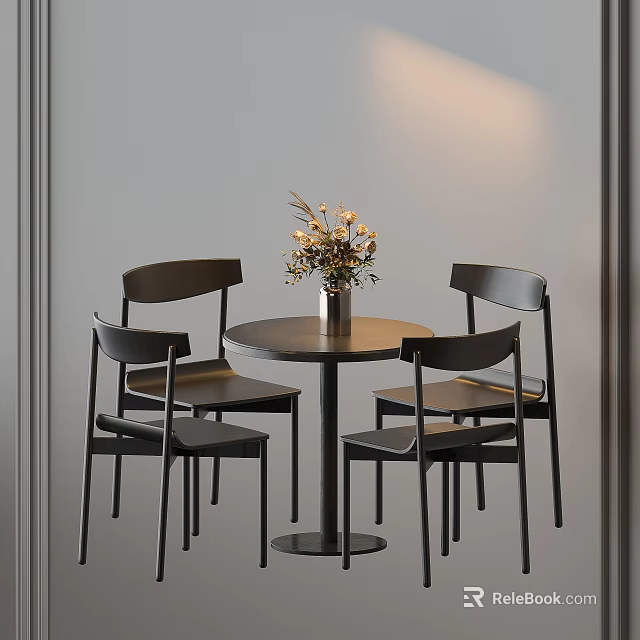Round Black Dining Table With Four Black Chairs And Vase With Flowers In Interior 3d model 