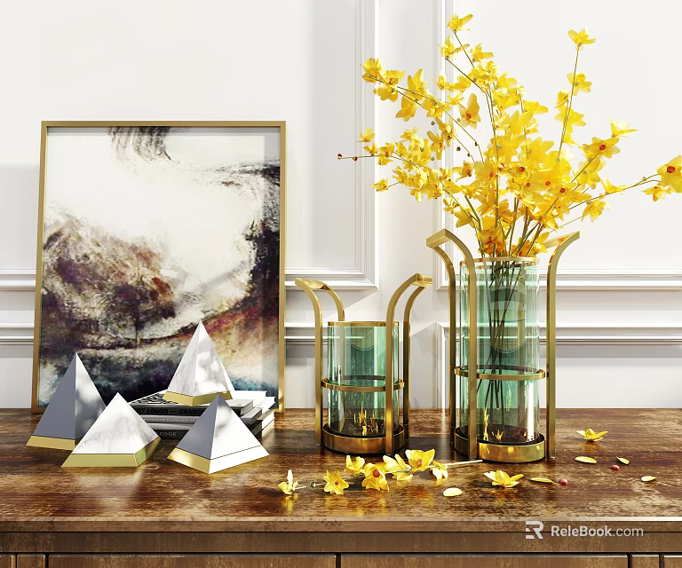 Flower Vase with Yellow Flowers on Wooden Table with Golden Framed Painting and Pyramid Decor 3d model 