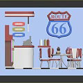 Retro Route 66 Diner Interior With Red Chairs Counter Jukebox And Checkered Floor