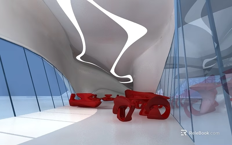 Modern Leisure Area Interior With White Curved Ceiling Red Furniture And Glass Walls 3d model 
