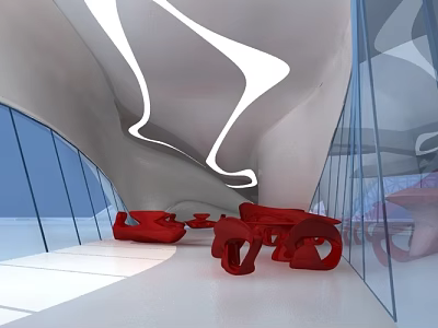 Modern Leisure Area Interior With White Curved Ceiling Red Furniture And Glass Walls 3d model